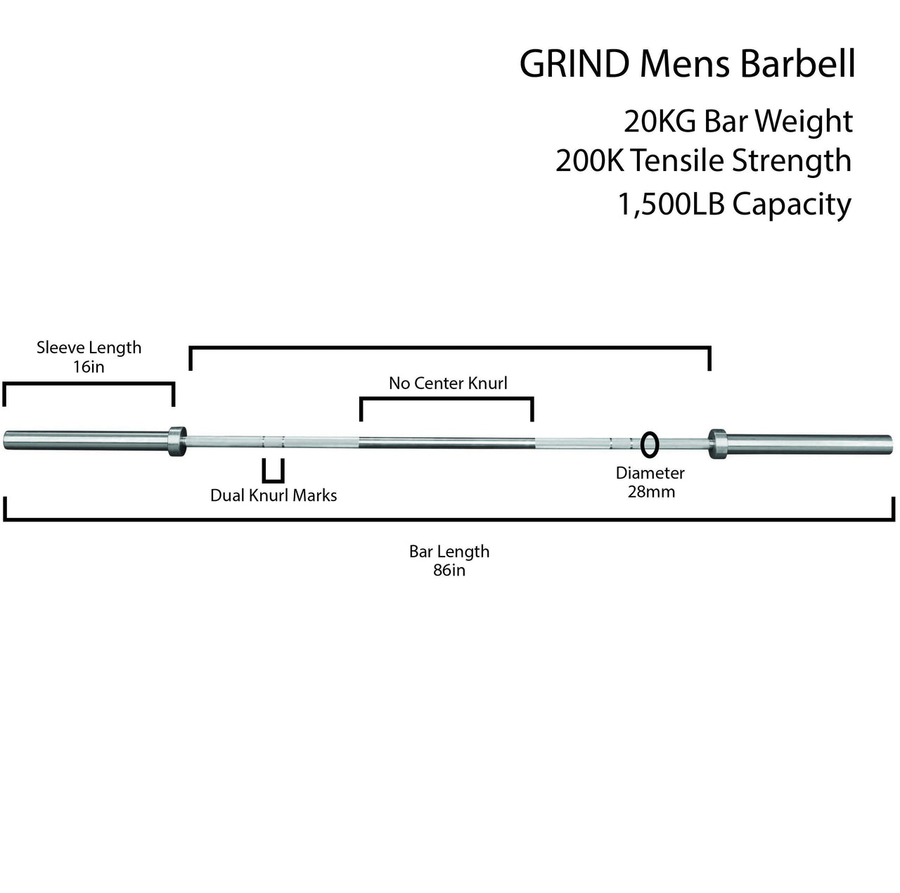Dimensions of The GRIND Fitness Men's Bright Chrome Bar