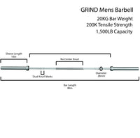 Thumbnail for Dimensions of The GRIND Fitness Men's Bright Chrome Bar