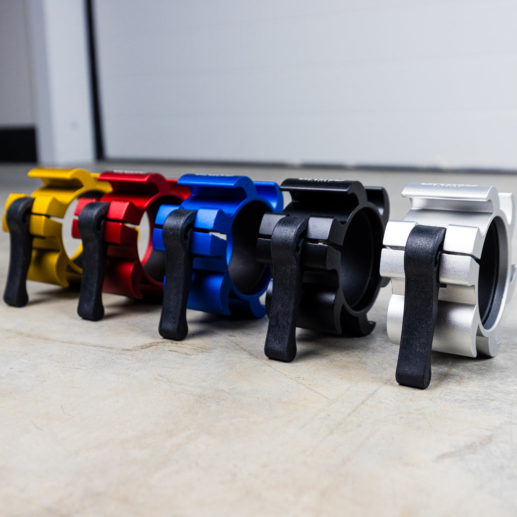 GRIND barbell collars 5 colors showing the locking mechanism