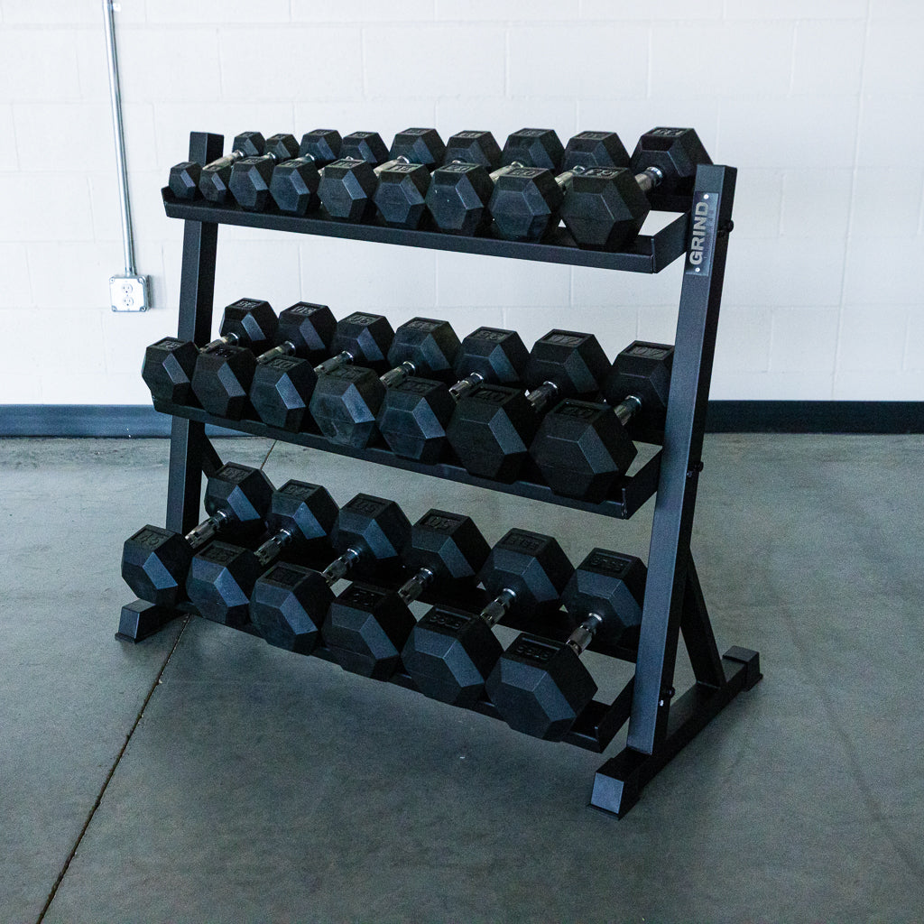 3-tier dumbbell rack fully loaded with dumbbells.. 