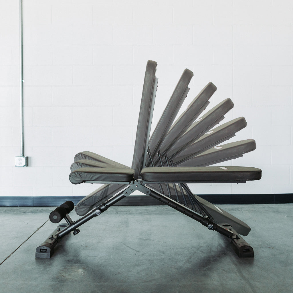 Grind Foldable Bench shown with all eight variations of incline and decline.