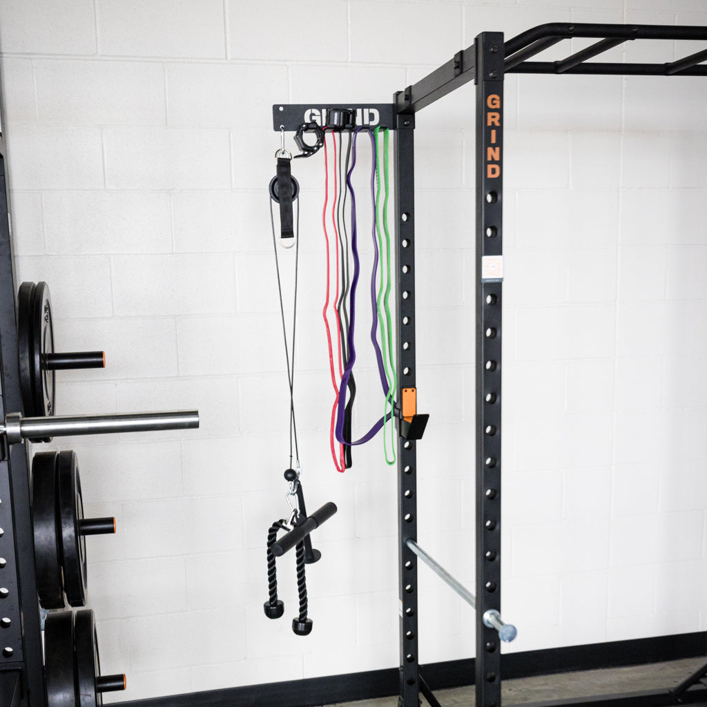 Storage unit with pulley and bands stored.