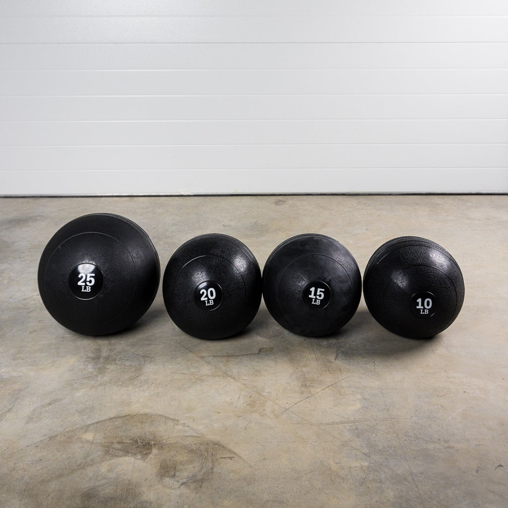 Four slam balls ranging from 10lb, 15lb, 20lb, and 25lb. 