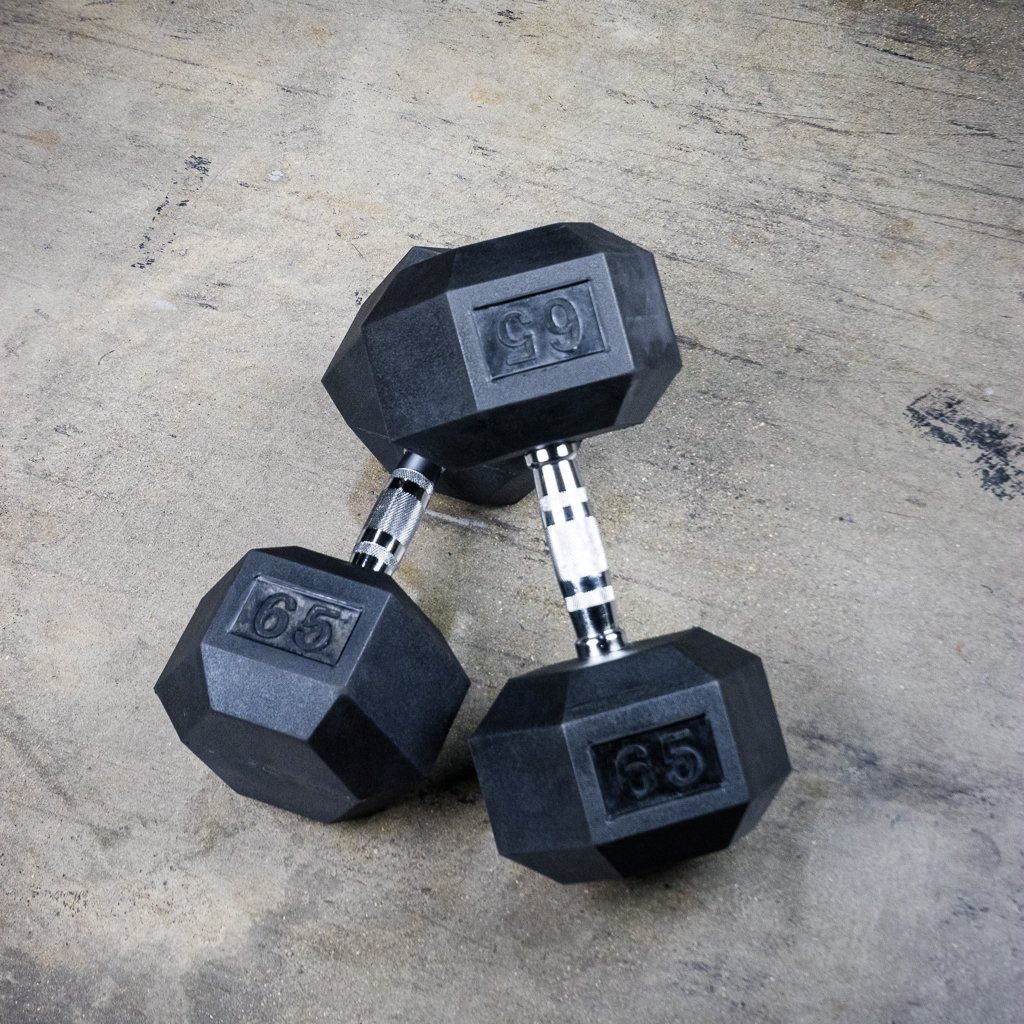 The GRIND Fitness Rubber Hex Dumbbells 65lbs