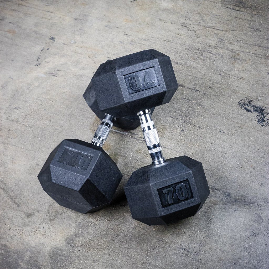 The GRIND Fitness Rubber Hex Dumbbells 70lbs