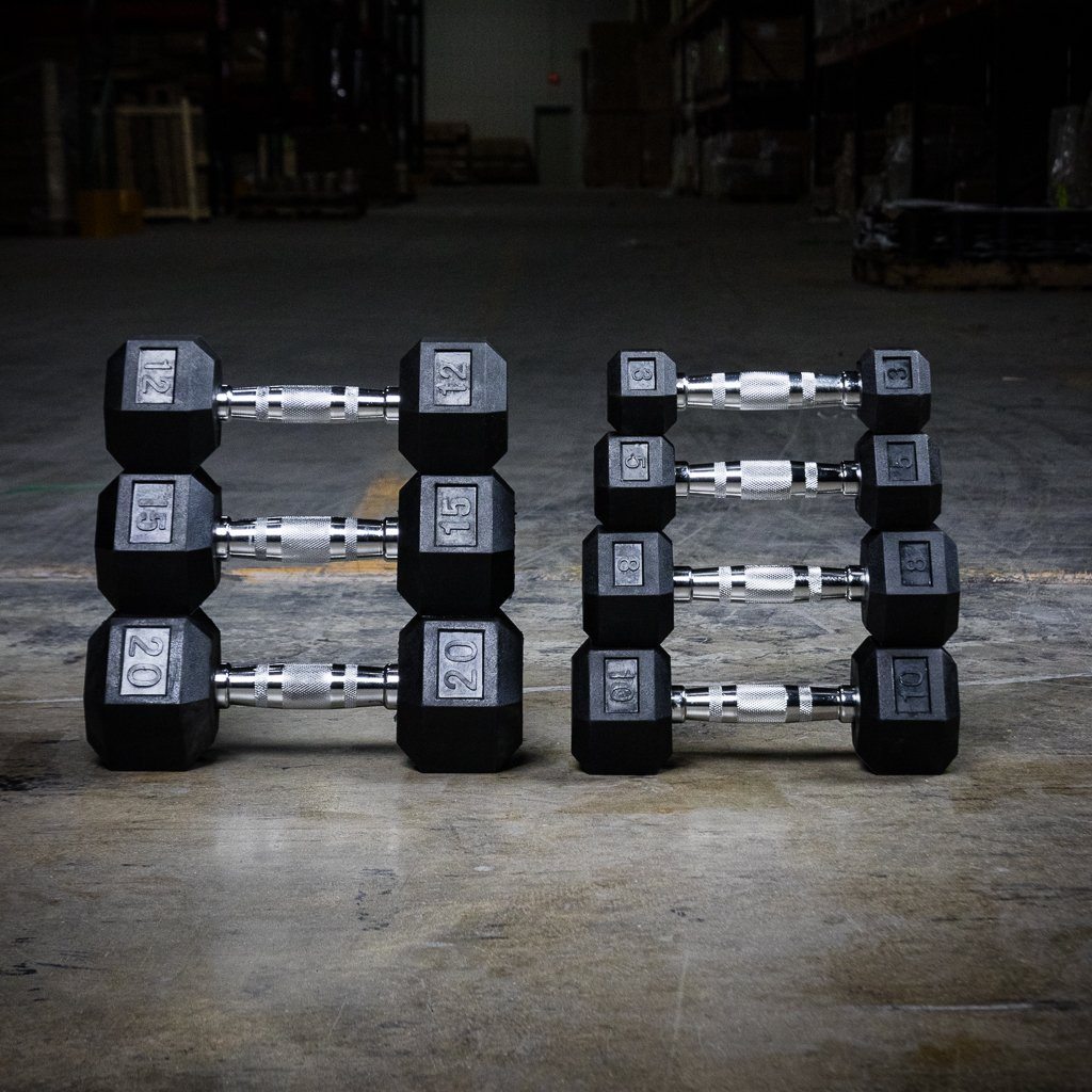 The GRIND Fitness Rubber Hex Dumbbells Lightweights Stacked