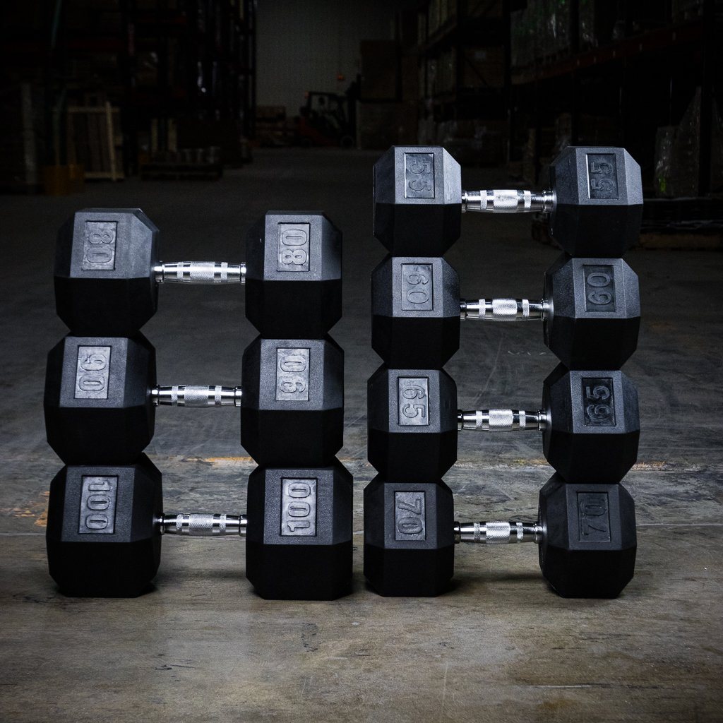 The GRIND Fitness Rubber Hex Dumbbells Heavyweights Stacked